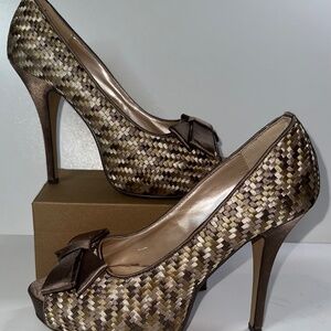 Taxi, Satin tan and brown peep toe heels